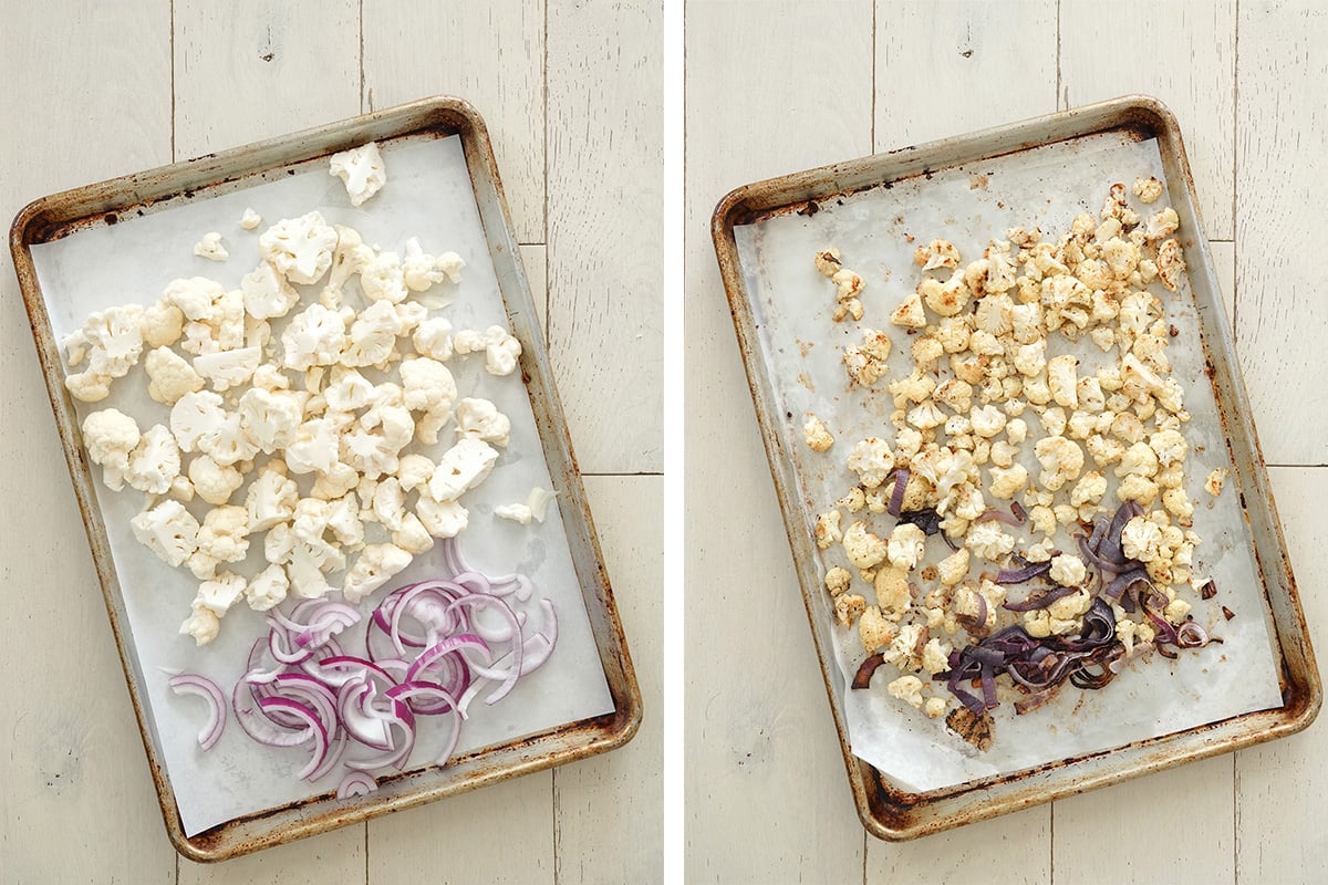before and after photo of the roasted cauliflower and onion.