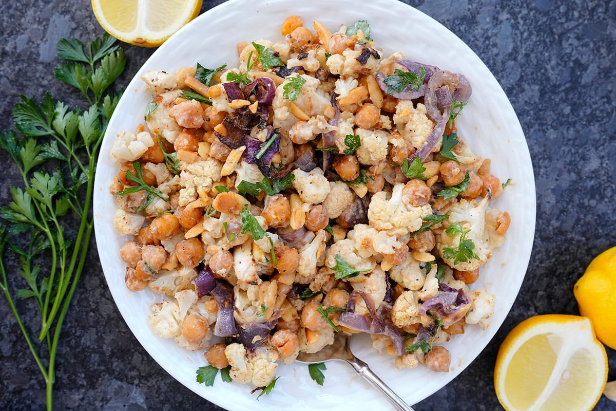 cauliflower salad with chick peas, lemons and parsley.