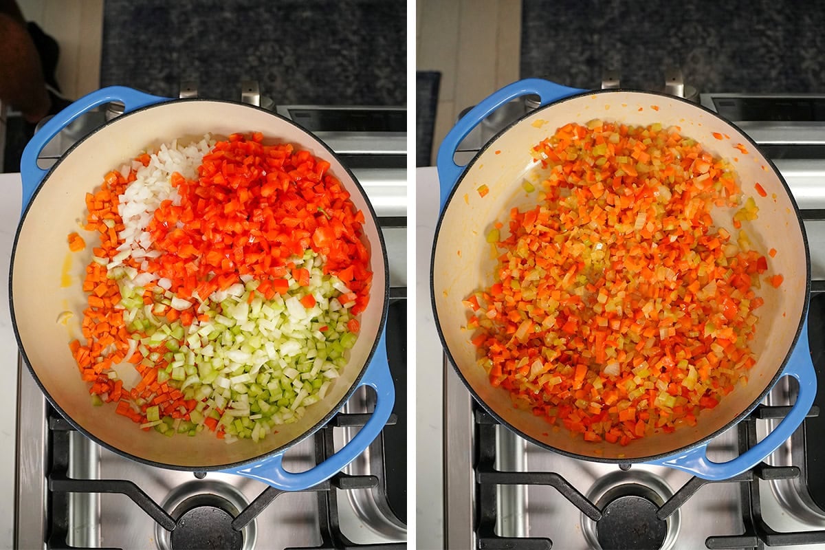 carrots, onions, bell pepper and celery sautéing in a skillet.