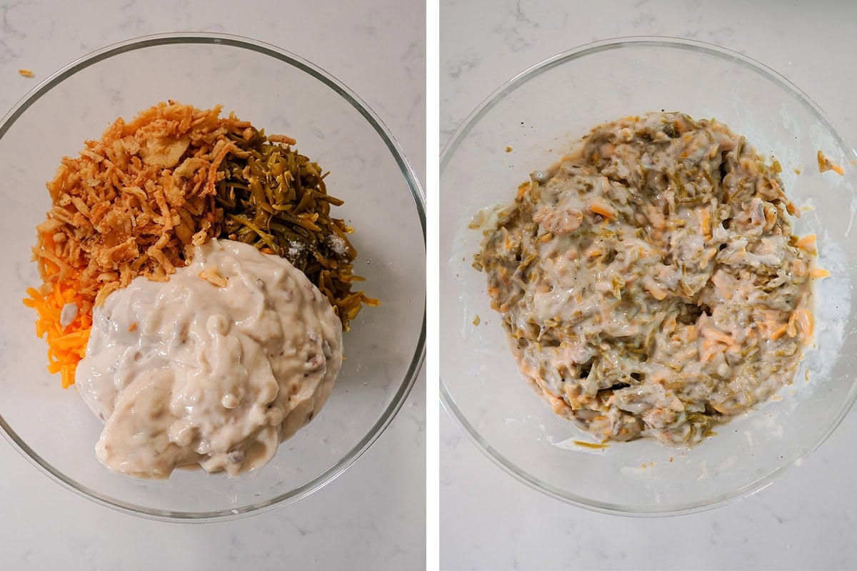 Ingredients for green bean casserole in a mixing bowl.